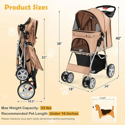Folding Pet Stroller for Small Medium Dogs, Cats, 4 Lockable Wheels Cat Stroller, Pet Travel Carrier Strolling Cart, Safety - product dimensions