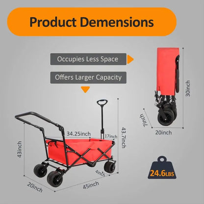 230 LBS Wide Wheel Garden, Park Cart, Red Collapsible Wagon, Steel Frame and 600D Oxford Cloth Picnic Cart - product dimensions