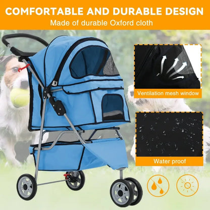 Folding Pet Stroller, 3 Wheels with Storage Basket