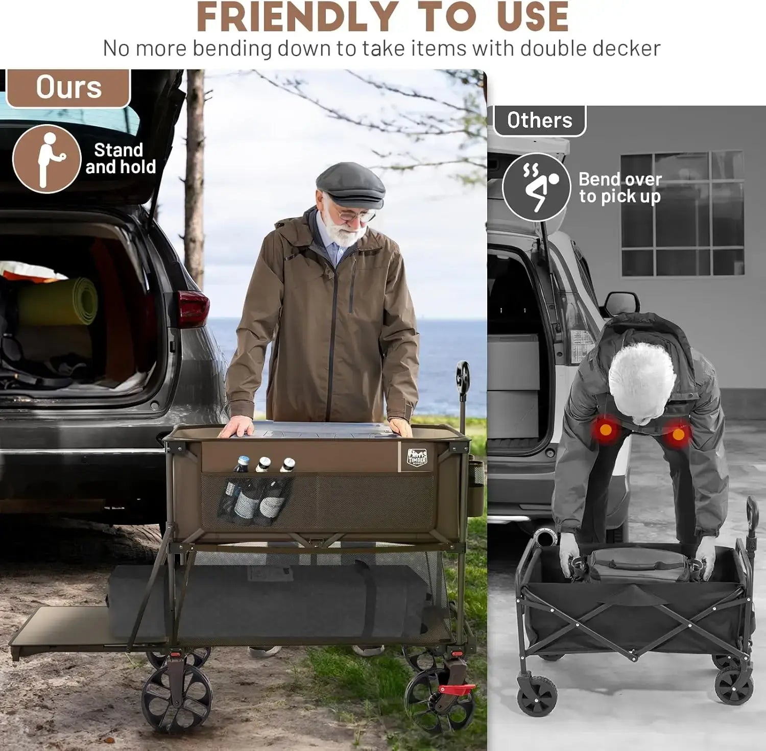 400L Large Capacity Folding Double Decker Wagon with Brakes, 54" Extra Long Extender Wagon Cart, 450lbs Heavy Duty Collapsible Cart - no bending over