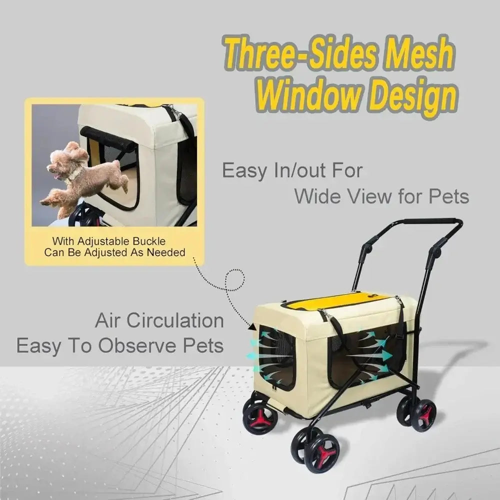 Pet Carrier with 4 Wheels, Detachble, Clean and Replace Pet Basket, Portable and Foldable Pet Travel Stroller for Small/Medium Dog - 3 sides mesh window design