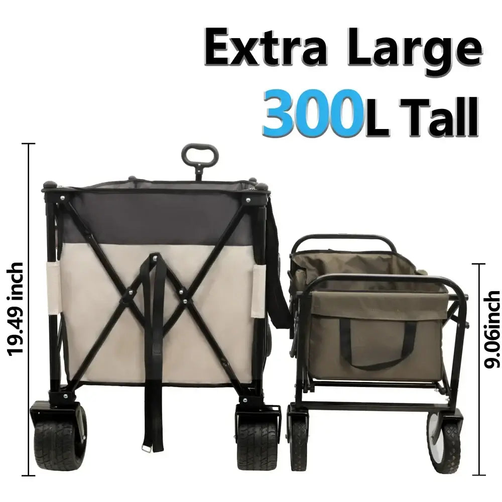 Extra large 300L, Tall Heavy-Duty Folding Wagon Cart with 480lbs Capacity, All-Terrain Wheels, Brakes, for Camping, Beach, Khaki- Gray - large capacity