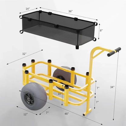 Fishing Cart Wagon with 13" Big Wheels, 300 lbs Load Capacity, 8 Fishing Rods Holders, Mesh Bag, Hand Pump - dimensions