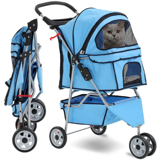 Folding Pet Stroller, 3 Wheels with Storage Basket