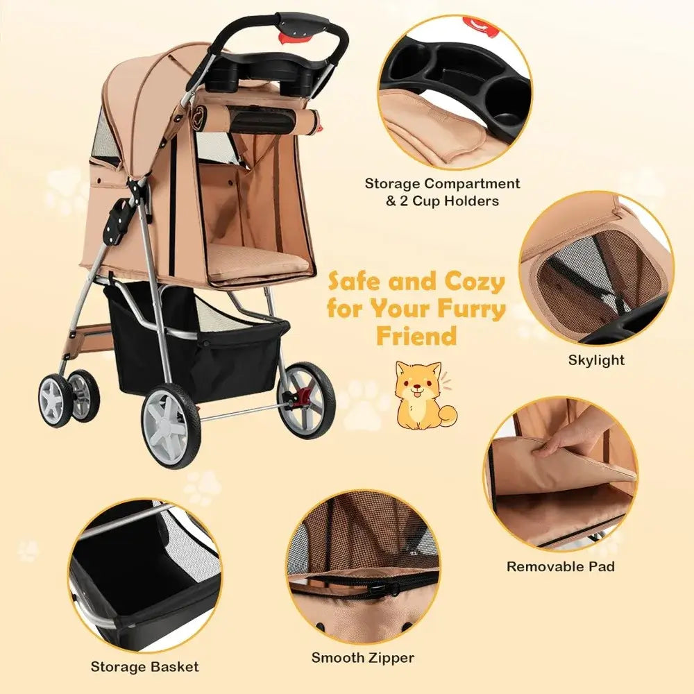 Folding Pet Stroller for Small Medium Dogs, Cats, 4 Lockable Wheels Cat Stroller, Pet Travel Carrier Strolling Cart, Safety - removable soft pad