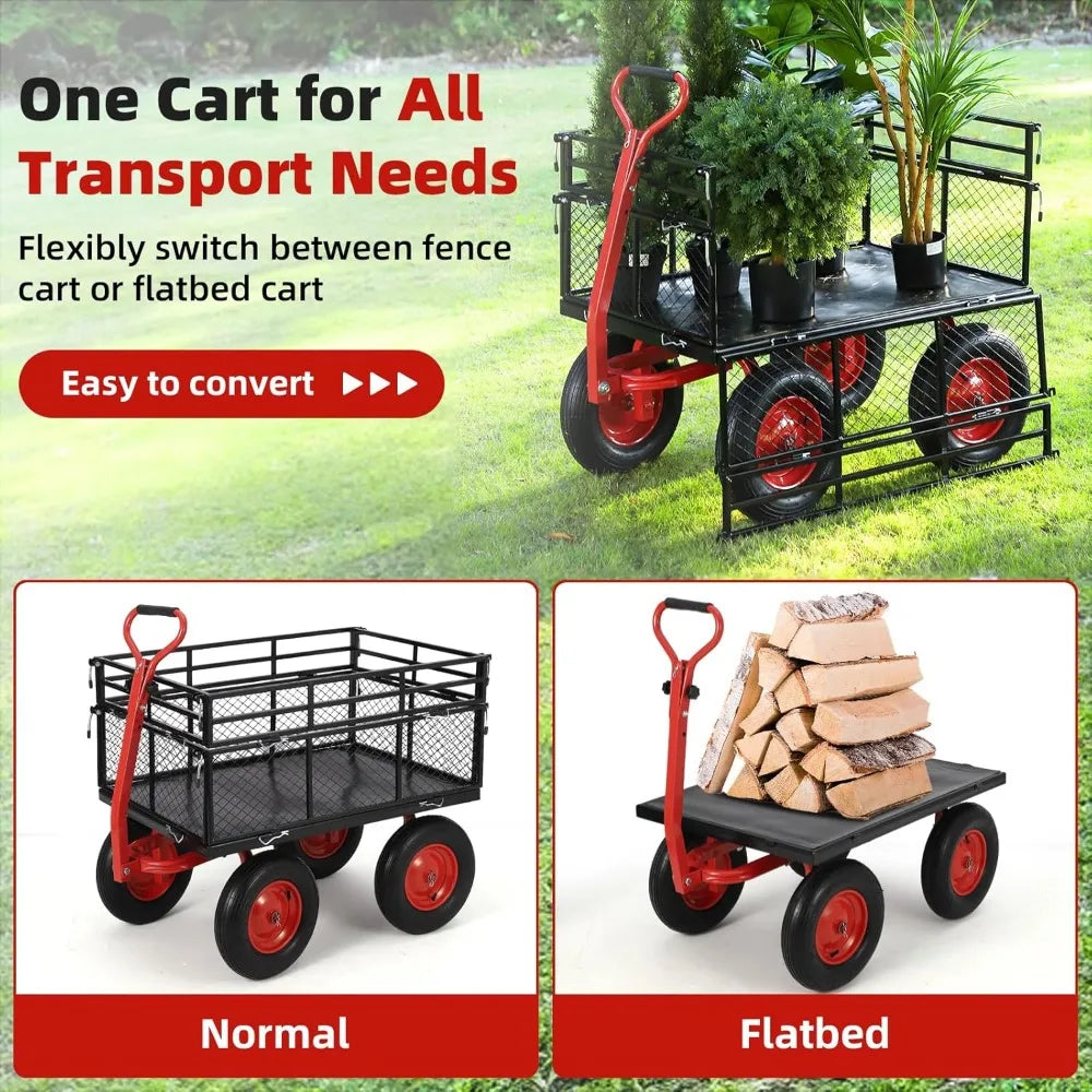 1400lbs Steel Garden Cart, Heavy Duty Yard & Garden Wagon w Removable Mesh Sides, Utility Metal Wagon Convert into Flatbed
