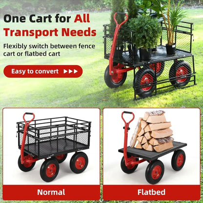 1400lbs Steel Garden Cart, Heavy Duty Yard & Garden Wagon w Removable Mesh Sides, Utility Metal Wagon Convert into Flatbed