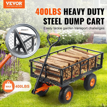 400lbs Steel Garden Dump Cart, Heavy Duty, Wagon with Removable Sides Convert to Flatbed Utility Liner 10in