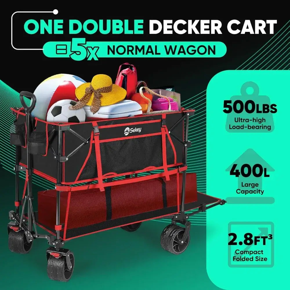 Heavy Duty Double Decker Wagon with Brakes, 50" Extra Long Extender Cart, 500lbs Heavy Duty Collapsible Wagons - 500lbs capacity