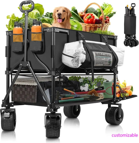 Double Decker Collapsible Wagon, Heavy Duty, 600LBS 400L Capacity Foldable Utility Cart with Big Wheels