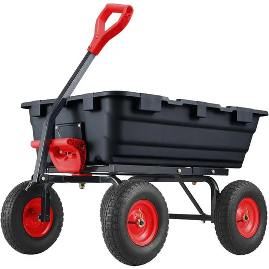 Heavy Duty Garden Dump Cart, Collapsible, w/Wood Roll Top, Adjustable Handle, Drop-Gate, All-Terrain Wheels, Heavy-Duty Folding Frame - steel construction