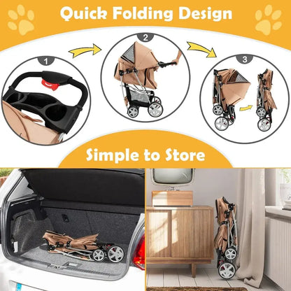 Folding Pet Stroller for Small Medium Dogs, Cats, 4 Lockable Wheels Cat Stroller, Pet Travel Carrier Strolling Cart, Safety - quick fold design