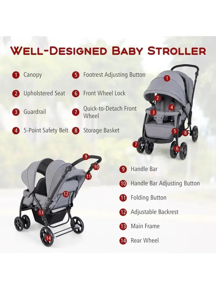 Double Stroller, Foldable Lightweight Infant Twin with Tandem Seating, 5-Point Harness, Recline Seat, Storage