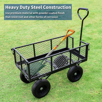 880 lbs 10" Flat Free Tires Steel Garden Cart with 180° Rotating Handle and Removable Sides