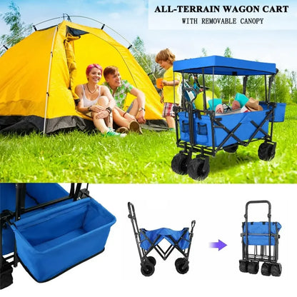 262L Collapsible Wagon cart with Removable Canopy, 115kg Capacity Push & Pull Utility Cart 600D Oxfort, Off-road wheel