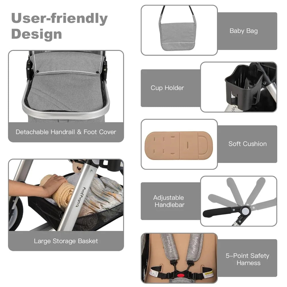 Baby Stroller, 2-in-1 Convertible Bassinet Reclining Stroller, Foldable Pram Carriage with 5-Point Harness, Including Cup Holde