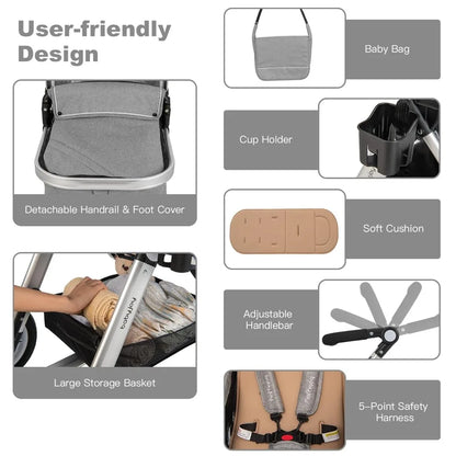 Baby Stroller, 2-in-1 Convertible Bassinet Reclining Stroller, Foldable Pram Carriage with 5-Point Harness, Including Cup Holde
