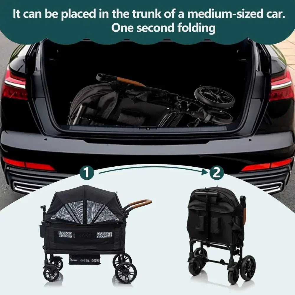 Double Wagon Stroller for 2 Kids & Cargo, Travel Stroller Push-Pull Double Wagon, Lightweight Folding Stroller - easy transport
