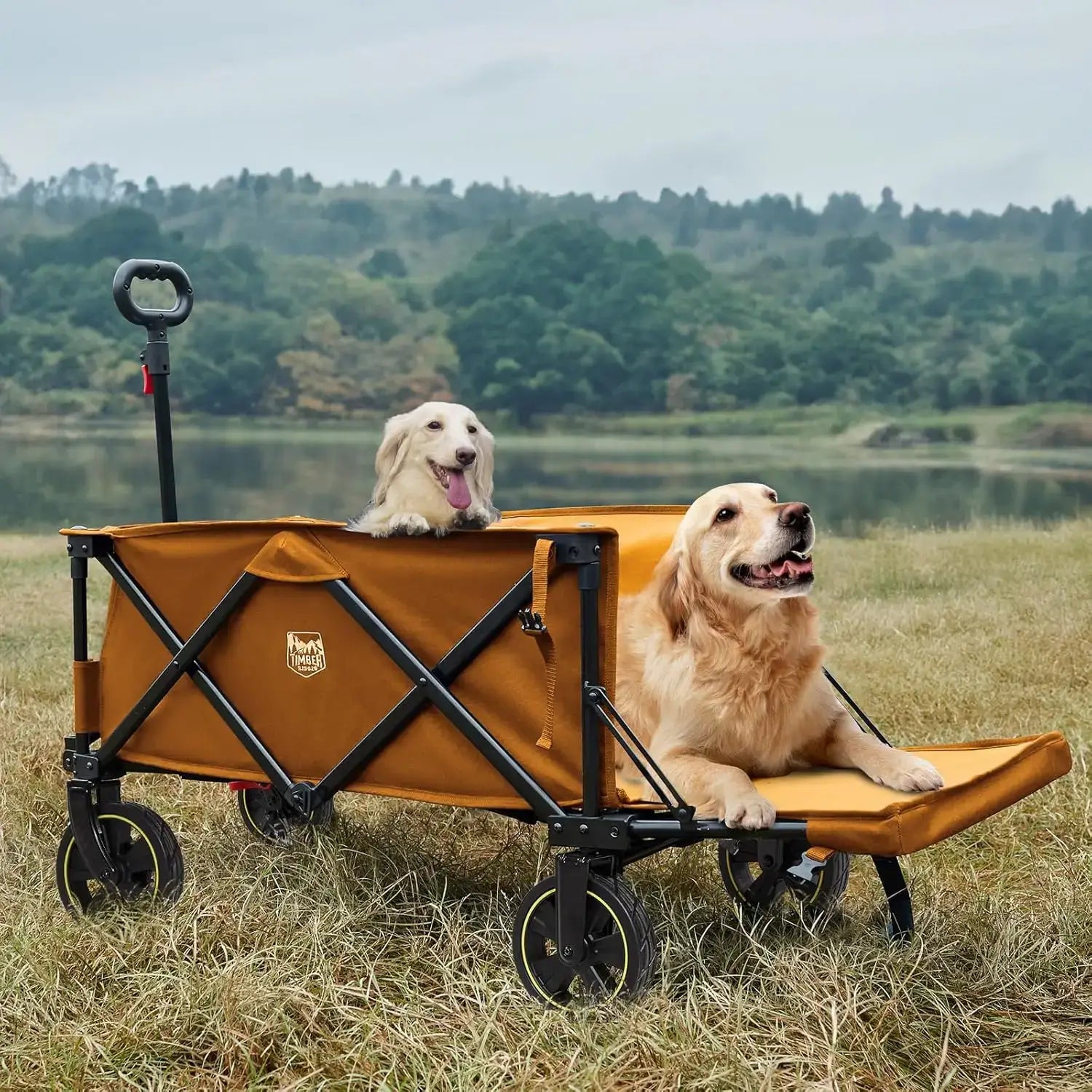 Extra Long Collapsible Wagon with Tailgate and Brakes, 300lbs Heavy Duty Foldable Wagon with Adjustable Handle, 250L - pet friendly