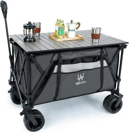 Collapsible Heavy Duty Wagon with All Terrain Wheel, 440LB Foldable Cart with Table for Beach or Camping