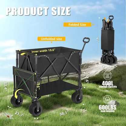Double Decker Collapsible Wagon, Heavy Duty, 600LBS 400L Capacity Foldable Utility Cart with Big Wheels - dimensions