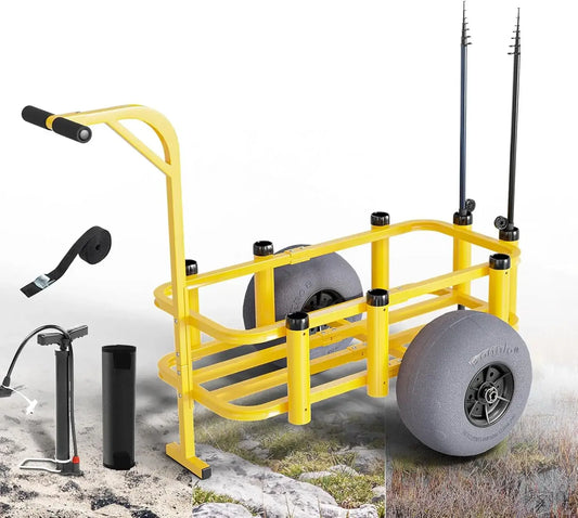 Fishing Cart Wagon with 13" Big Wheels, 300 lbs Load Capacity, 8 Fishing Rods Holders, Mesh Bag, Hand Pump