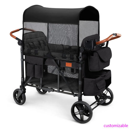 Wagon Stroller for 4 Kids, All-Terrain Collapsible Wagon for Toddlers with Canopy, Parent Organizer, Shoulder Bag, Adjustable Handlebar