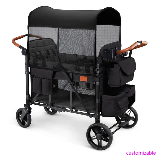 Wagon Stroller for 4 Kids, All-Terrain Collapsible Wagon for Toddlers with Canopy, Parent Organizer, Shoulder Bag, Adjustable Handlebar
