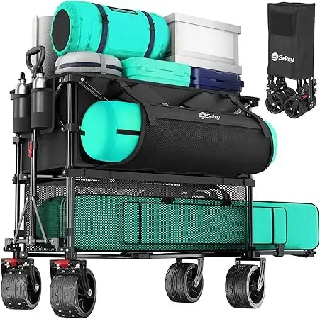 Heavy Duty Double Decker Wagon with Brakes, 50" Extra Long Extender Cart, 500lbs Heavy Duty Collapsible Wagons - foldable compact design