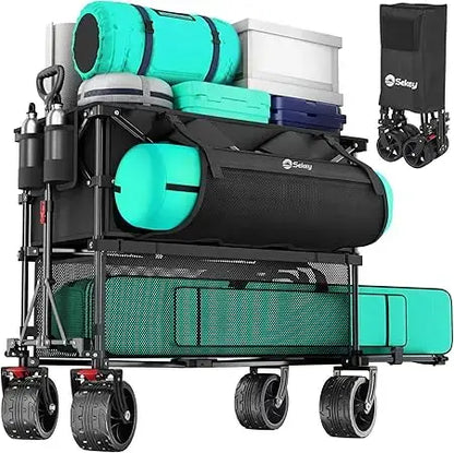 Heavy Duty Double Decker Wagon with Brakes, 50" Extra Long Extender Cart, 500lbs Heavy Duty Collapsible Wagons - foldable compact design