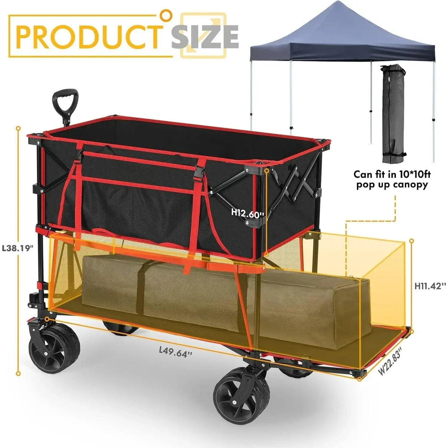400L Large Capacity Folding Double Decker Wagon with Brakes, 50" Extra Long Extender Cart, 500lbs Heavy Duty Collapsible Wagons - product dimensions