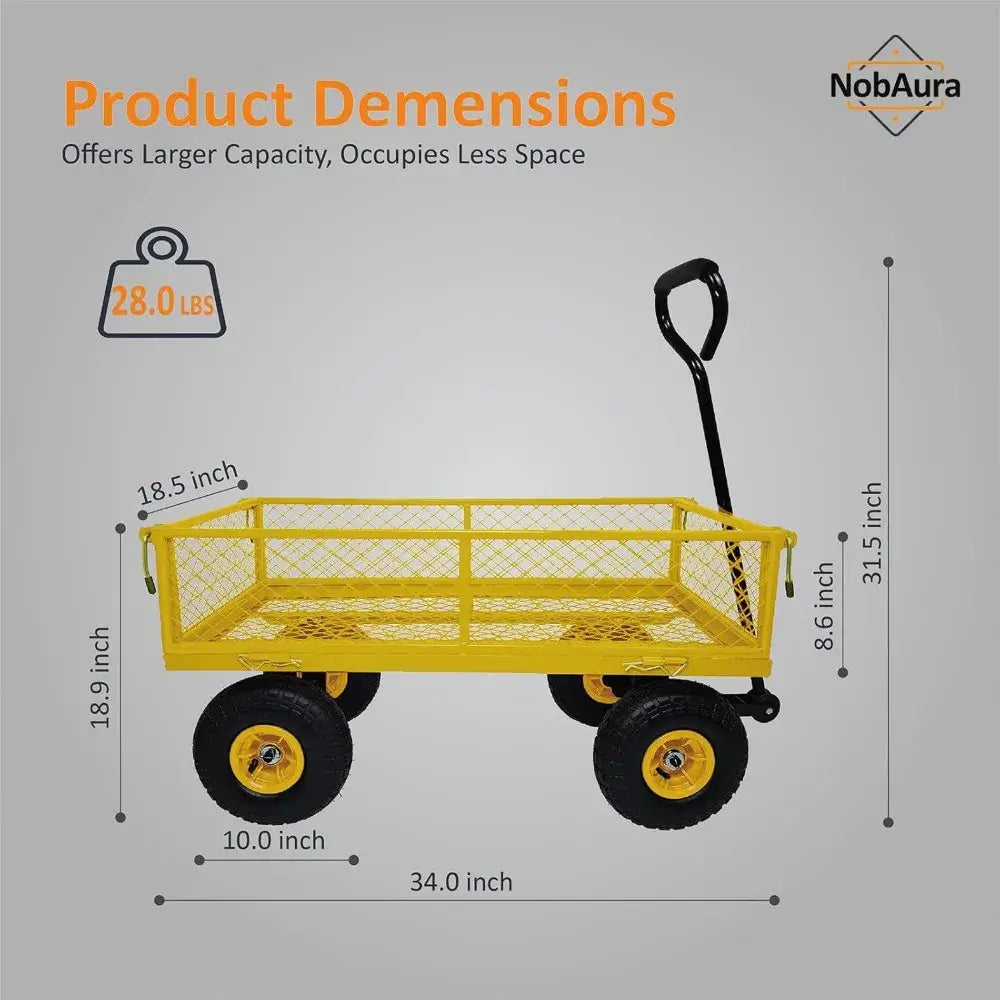 Heavy Duty Steel Garden Cart, Steel Mesh Lawn Cart with Removable Sides and 180° Rotating Smooth - dimensions