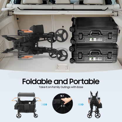 4 Seater Baby Wagon Stroller with Lockable Wheels, Extra Long Foldable Push chair with Adjustable Handle