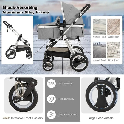 Baby Stroller, 2-in-1 Convertible Bassinet Reclining Stroller, Foldable Pram Carriage with 5-Point Harness, Including Cup Holde