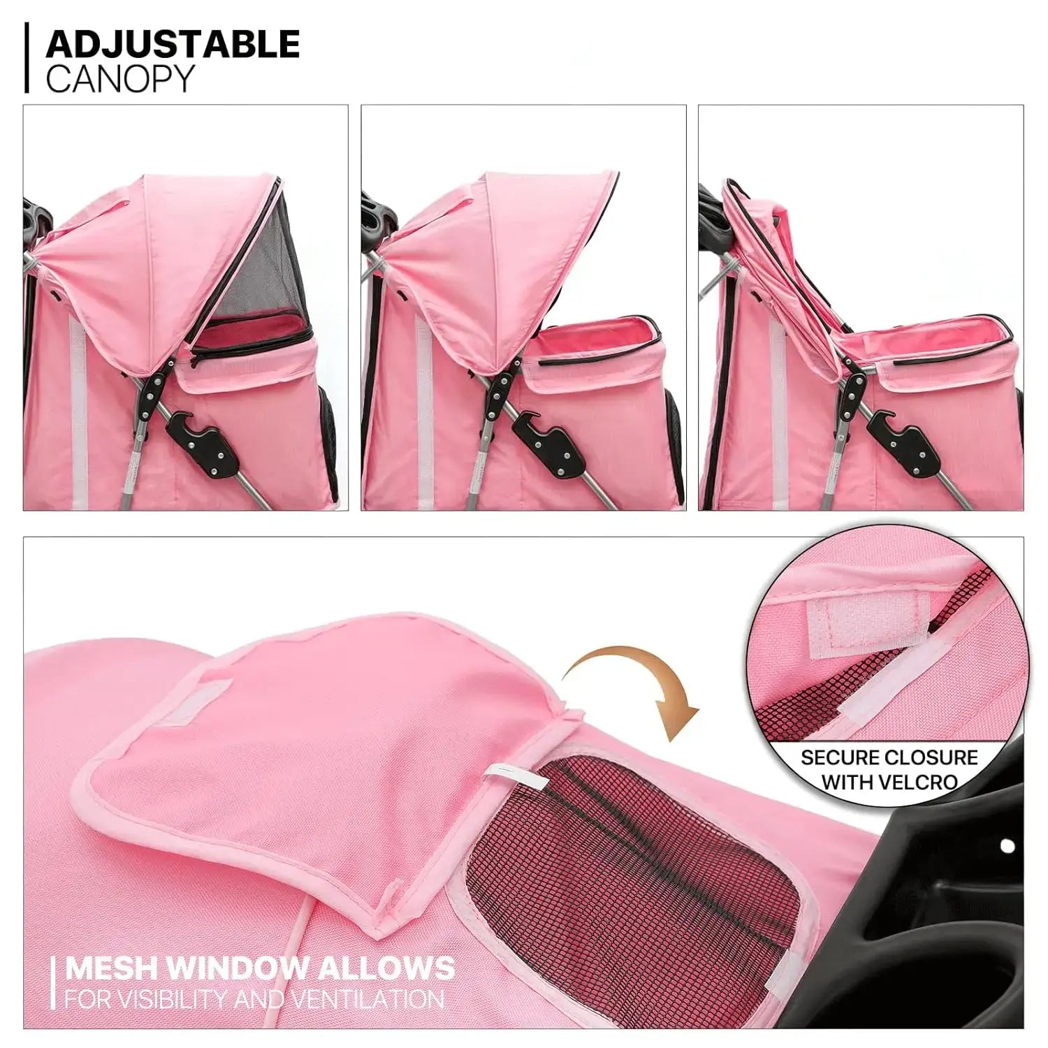 3-Wheels Foldable Pet Stroller with Waterproof Cover, Pet Strolling Cart for Small/Medium Dogs and Cats with Storage Basket - adjustable canopy