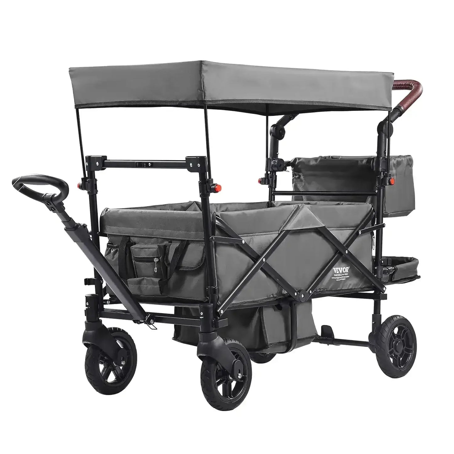 Wagon Stroller for 2 Kids, Push Pull Quad Collapsible Stroller with Adjustable Handle, Encircling Harness, Removable Canopy