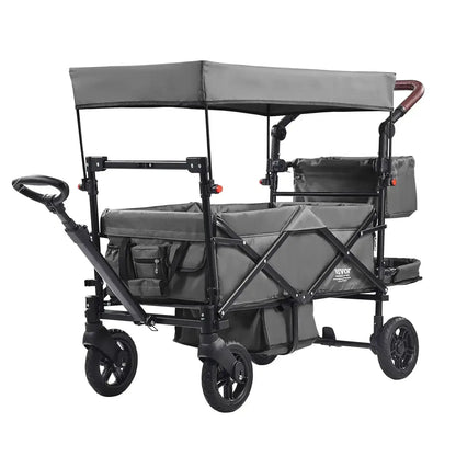 Wagon Stroller for 2 Kids, Push Pull Quad Collapsible Stroller with Adjustable Handle, Encircling Harness, Removable Canopy