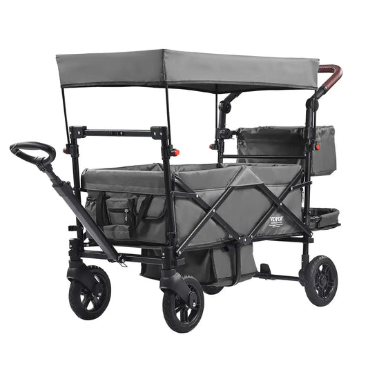 Wagon Stroller for 2 Kids, Push Pull Collapsible Wagon Stroller with Adjustable Handle, Encircling Harness, Removable Canopy - 2 kids wagon stroller