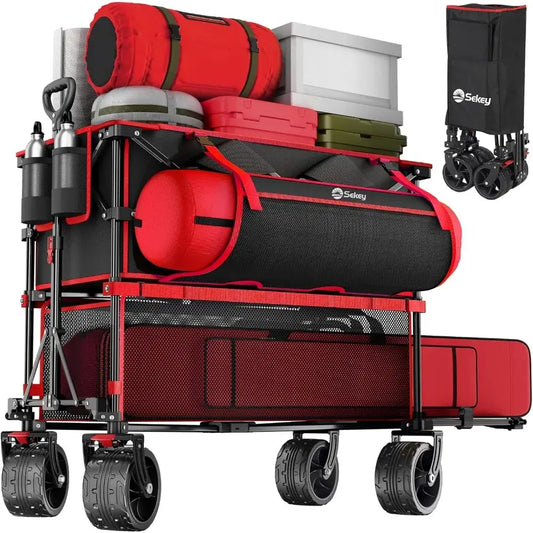 Heavy Duty Double Decker Wagon with Brakes, 50" Extra Long Extender Cart, 500lbs Heavy Duty Collapsible Wagons - all terrain