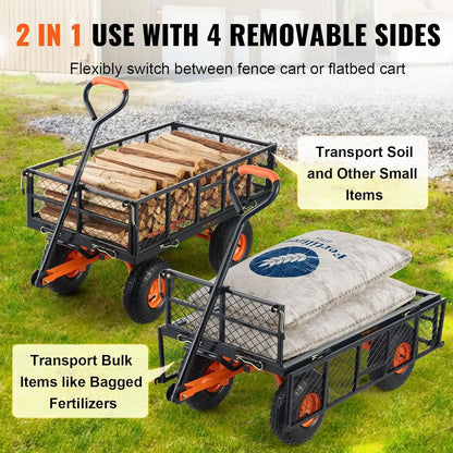 400lbs Steel Garden Dump Cart, Heavy Duty, Wagon with Removable Sides Convert to Flatbed Utility Liner 10in