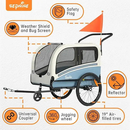 Foldable Pet Bike Trailer and Stroller, Supports up to 88 lbs, 2-in-1 Pet Stroller Cart Bicycle Carrier, Easy Folding Cart Frame - safety flag and bug screen