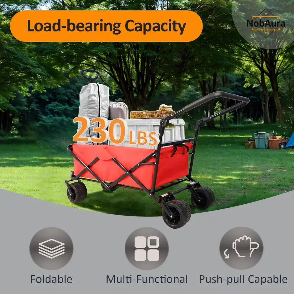 230 LBS Wide Wheel Garden, Park Cart, Red Collapsible Wagon, Steel Frame and 600D Oxford Cloth Picnic Cart - push and pull capable