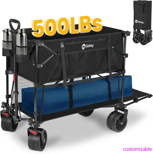 400L Large Capacity Folding Double Decker Wagon with Brakes, 54"Extra Long Extender Wagon Cart, 450lbs Heavy Duty Collapsible Cart