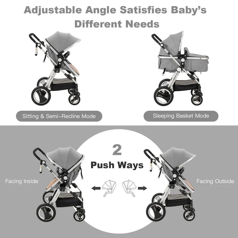 Baby Stroller, 2-in-1 Convertible Bassinet Reclining Stroller, Foldable Pram Carriage with 5-Point Harness, Including Cup Holde