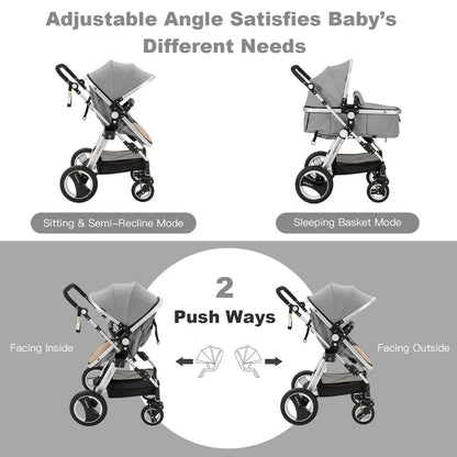 Baby Stroller, 2-in-1 Convertible Bassinet Reclining Stroller, Foldable Pram Carriage with 5-Point Harness, Including Cup Holde