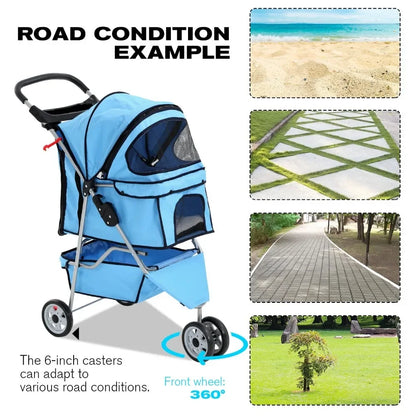 Folding Pet Stroller, 3 Wheels with Storage Basket