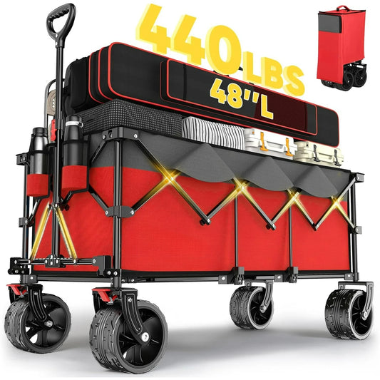 48''L Collapsible Foldable Extended Wagon with 440lbs Weight Capacity, Heavy Duty 300L Wagon Cart