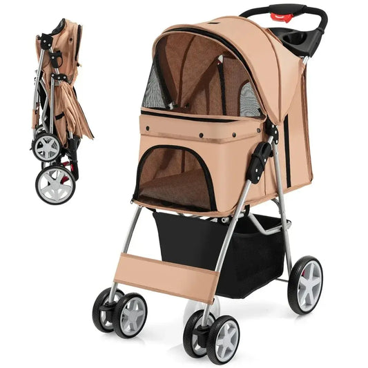 Folding Pet Stroller for Small Medium Dogs, Cats, 4 Lockable Wheels Cat Stroller, Pet Travel Carrier Strolling Cart, Safety - storage compartmet