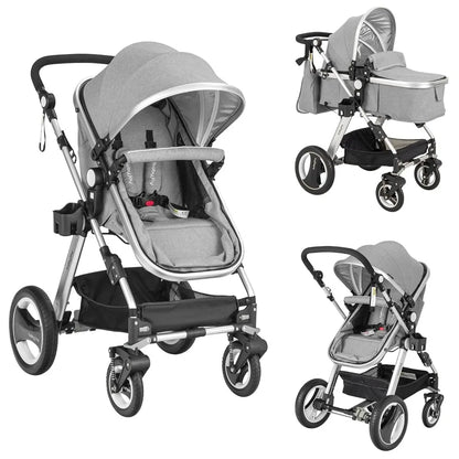 Baby Stroller, 2-in-1 Convertible Bassinet Reclining Stroller, Foldable Pram Carriage with 5-Point Harness, Including Cup Holde