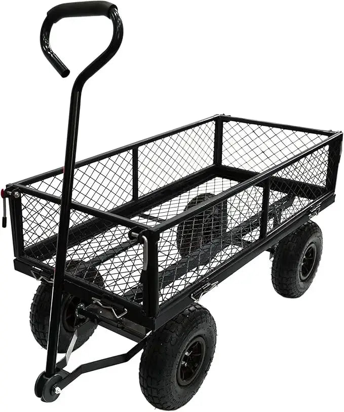 Heavy Duty Steel Garden Cart, Steel Mesh Lawn Cart with Removable Sides and 180° Rotating Smooth - 10" pneumatic tires